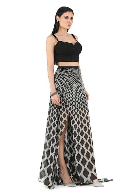 Shop_Rohit Gandhi + Rahul Khanna_Black Chiffon Gradient Diamond Print Skirt_Online_at_Aza_Fashions