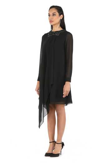 Rohit Gandhi + Rahul Khanna_Black Georgette Embellished Round Octan Asymmetric Hem Dress _Online_at_Aza_Fashions