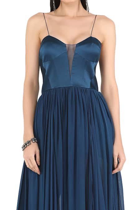 Rohit Gandhi + Rahul Khanna_Blue Tulle Scoop Neck Crater Corset Gown _Online_at_Aza_Fashions