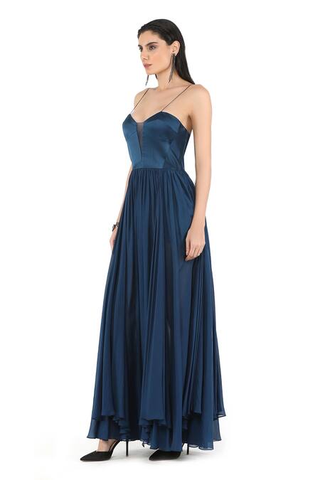 Buy_Rohit Gandhi + Rahul Khanna_Blue Tulle Scoop Neck Crater Corset Gown _Online_at_Aza_Fashions