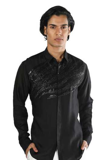 Buy_Rohit Gandhi + Rahul Khanna_Black Cotton Metallic Thread Hand Embellished Shirt_Online_at_Aza_Fashions