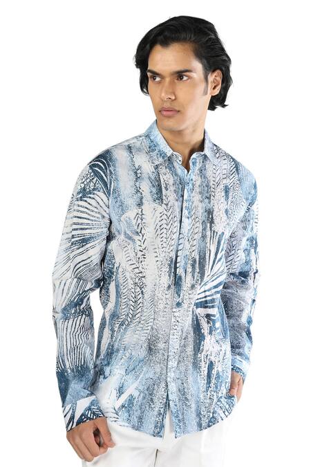 Rohit Gandhi + Rahul Khanna_White Cotton Tropical Print Shirt _Online_at_Aza_Fashions