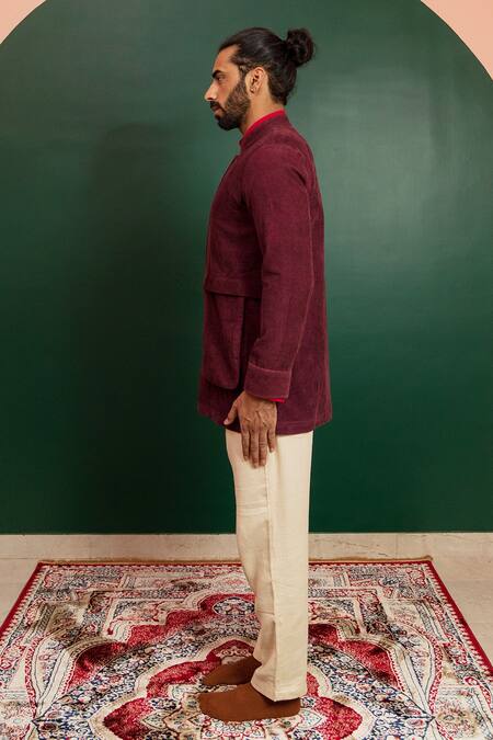 Artless_Maroon Organic Corduroy Red Room Full Sleeved Jacket_Online_at_Aza_Fashions