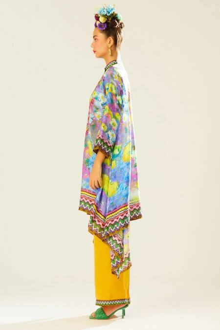 Rajdeep Ranawat_Multi Color Silk Embroidery Bandeau Neck Navya Collar Draped Tunic_at_Aza_Fashions