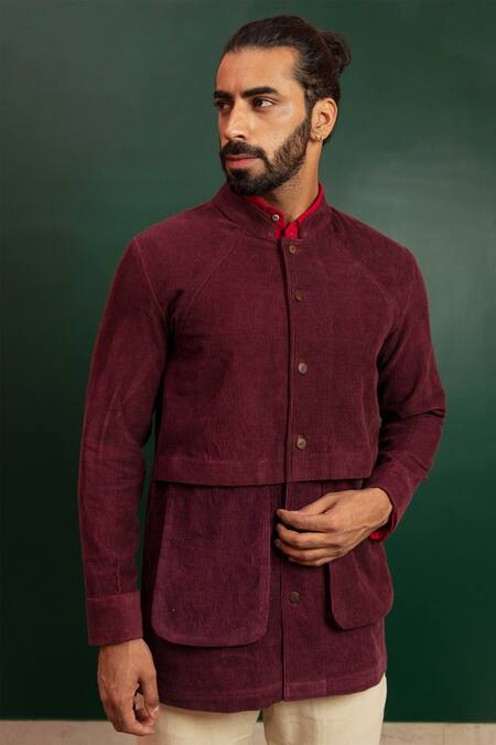 Buy_Artless_Maroon Organic Corduroy Red Room Full Sleeved Jacket_Online_at_Aza_Fashions