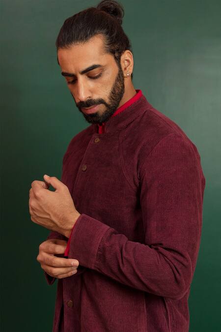 Shop_Artless_Maroon Organic Corduroy Red Room Full Sleeved Jacket_Online_at_Aza_Fashions