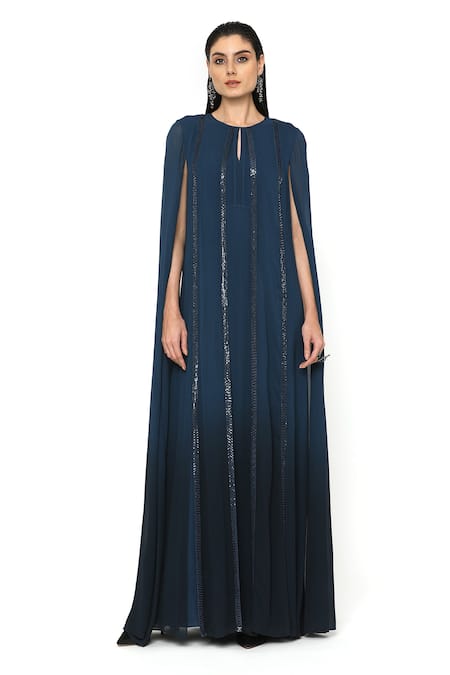 Rohit Gandhi + Rahul Khanna_Blue Viscose Stern Ombre Gown_Online_at_Aza_Fashions