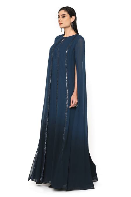 Buy_Rohit Gandhi + Rahul Khanna_Blue Viscose Stern Ombre Gown_Online_at_Aza_Fashions