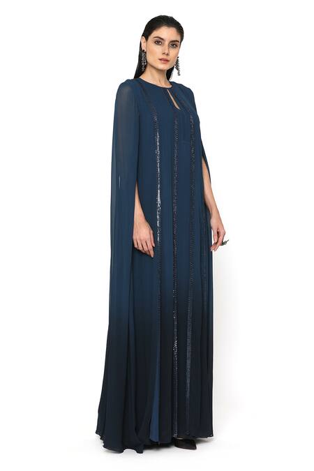 Shop_Rohit Gandhi + Rahul Khanna_Blue Viscose Stern Ombre Gown_Online_at_Aza_Fashions