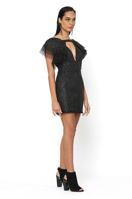 Rohit Gandhi + Rahul Khanna_Black Leather Square Neck Wing Dress _Online_at_Aza_Fashions