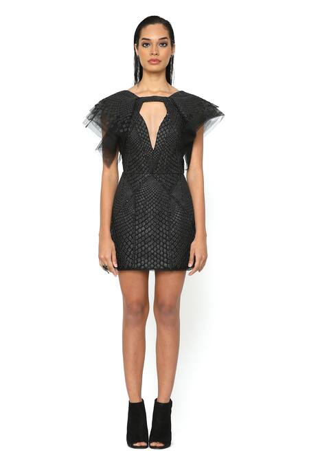 Buy_Rohit Gandhi + Rahul Khanna_Black Leather Square Neck Wing Dress _Online_at_Aza_Fashions