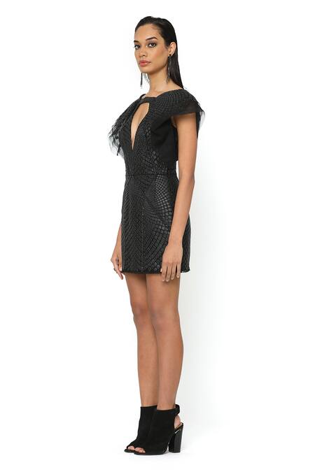 Shop_Rohit Gandhi + Rahul Khanna_Black Leather Square Neck Wing Dress _Online_at_Aza_Fashions