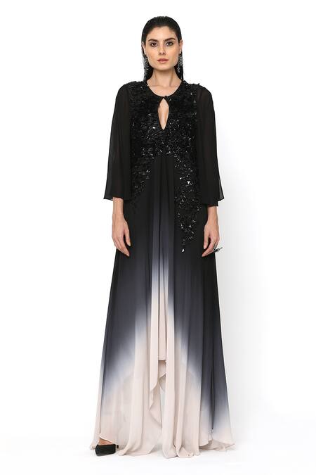 Rohit Gandhi + Rahul Khanna_Black Tulle Embellished Sequin Round Aries Ombre Gown _Online_at_Aza_Fashions