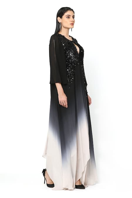 Shop_Rohit Gandhi + Rahul Khanna_Black Tulle Embellished Sequin Round Aries Ombre Gown _Online_at_Aza_Fashions