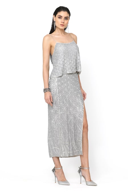 Rohit Gandhi + Rahul Khanna_Silver Tulle Crystals Unicorn Slit Skirt _Online_at_Aza_Fashions