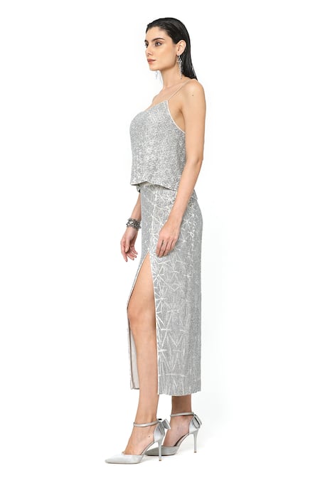 Buy_Rohit Gandhi + Rahul Khanna_Silver Tulle Embellished Crystals Scoop Neck Unicorn Swing Top _Online_at_Aza_Fashions