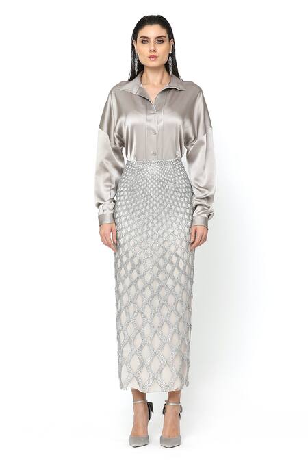 Rohit Gandhi + Rahul Khanna_Silver Satin Diamonds Florin Cutwork Skirt _Online_at_Aza_Fashions