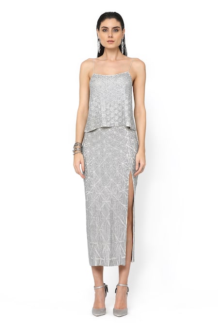 Shop_Rohit Gandhi + Rahul Khanna_Silver Tulle Crystals Unicorn Slit Skirt _Online_at_Aza_Fashions