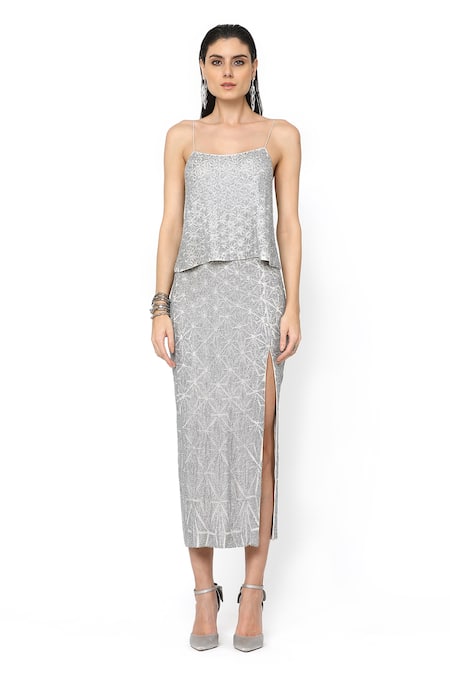 Shop_Rohit Gandhi + Rahul Khanna_Silver Tulle Embellished Crystals Scoop Neck Unicorn Swing Top _Online_at_Aza_Fashions