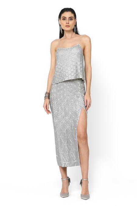 Buy_Rohit Gandhi + Rahul Khanna_Silver Tulle Embellished Crystals Scoop Neck Unicorn Swing Top 