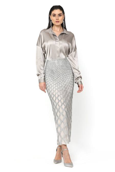 Buy_Rohit Gandhi + Rahul Khanna_Silver Satin Spread Collar Draped Shirt _Online_at_Aza_Fashions