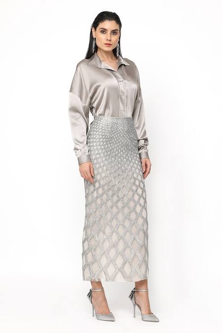 Buy_Rohit Gandhi + Rahul Khanna_Silver Satin Diamonds Florin Cutwork Skirt _Online_at_Aza_Fashions
