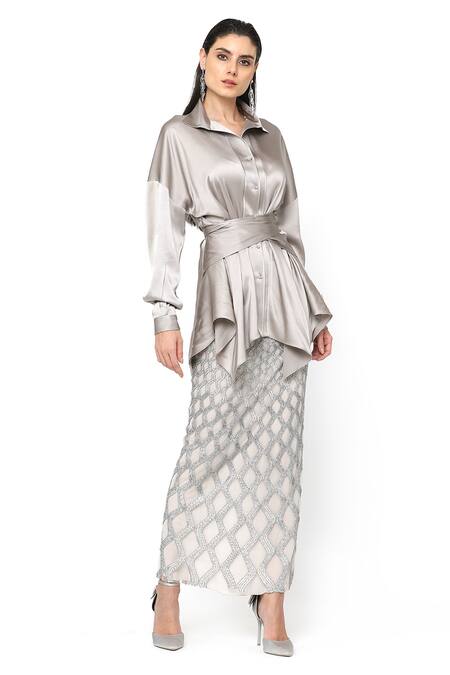 Rohit Gandhi + Rahul Khanna_Silver Satin Spread Collar Draped Shirt _at_Aza_Fashions