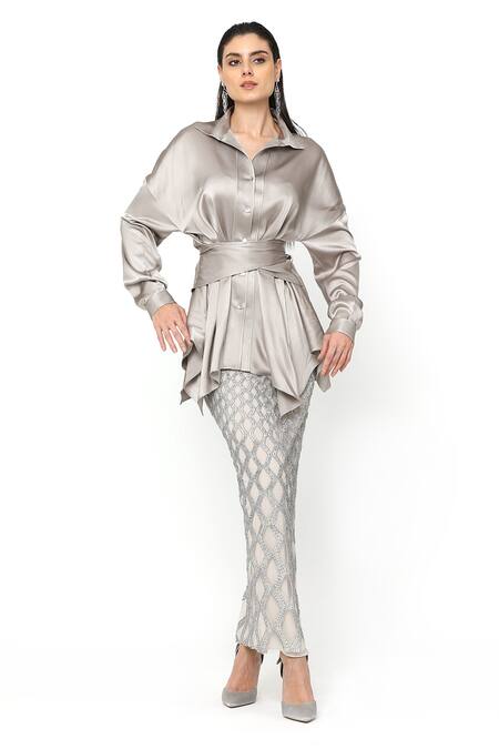 Shop_Rohit Gandhi + Rahul Khanna_Silver Satin Diamonds Florin Cutwork Skirt _Online_at_Aza_Fashions