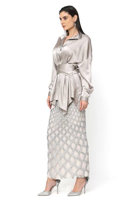 Rohit Gandhi + Rahul Khanna_Silver Satin Diamonds Florin Cutwork Skirt _at_Aza_Fashions