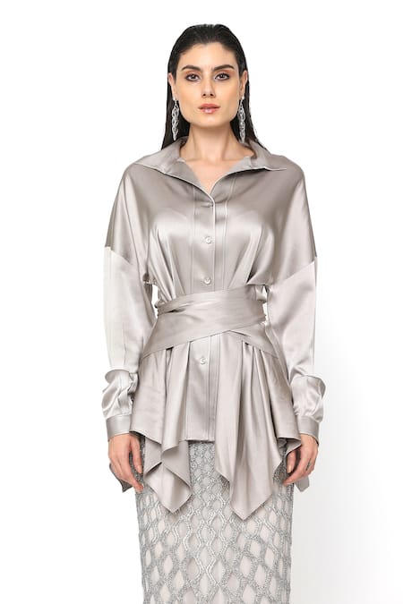 Buy_Rohit Gandhi + Rahul Khanna_Silver Satin Diamonds Florin Cutwork Skirt 