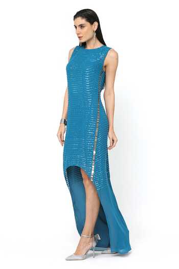 Rohit Gandhi + Rahul Khanna_Blue Satin Embellished Sequin Round Dove High Low Hem Dress _Online_at_Aza_Fashions