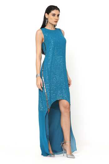 Buy_Rohit Gandhi + Rahul Khanna_Blue Satin Embellished Sequin Round Dove High Low Hem Dress _Online_at_Aza_Fashions