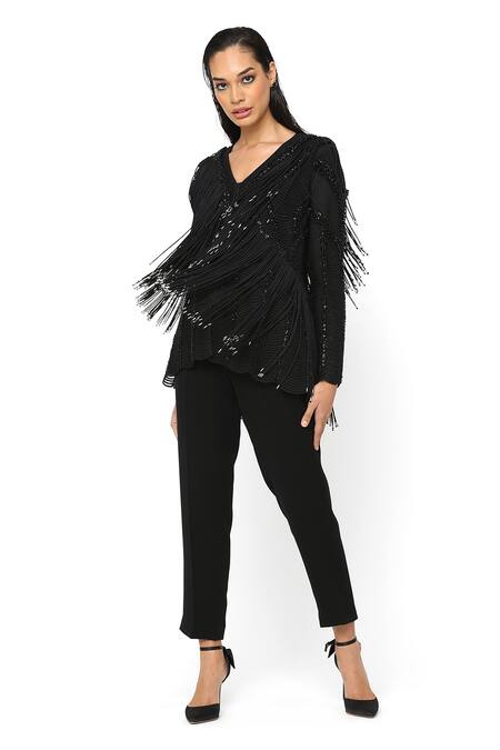 Rohit Gandhi + Rahul Khanna_Black Satin Fringe V-neck Full Sleeve Jacket _Online_at_Aza_Fashions