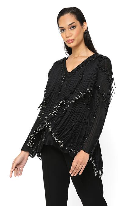 Buy_Rohit Gandhi + Rahul Khanna_Black Satin Fringe V-neck Full Sleeve Jacket _Online_at_Aza_Fashions