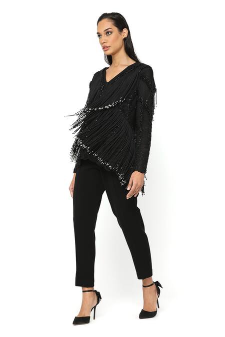 Shop_Rohit Gandhi + Rahul Khanna_Black Satin Fringe V-neck Full Sleeve Jacket _Online_at_Aza_Fashions