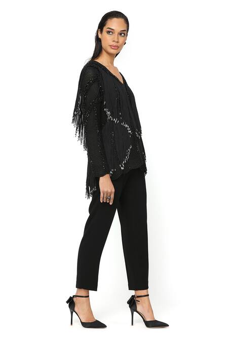 Rohit Gandhi + Rahul Khanna_Black Satin Fringe V-neck Full Sleeve Jacket _at_Aza_Fashions