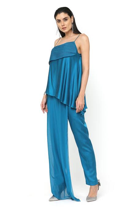 Rohit Gandhi + Rahul Khanna_Blue Satin Straight Aquila Strappy Top _Online_at_Aza_Fashions