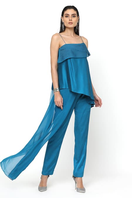 Buy_Rohit Gandhi + Rahul Khanna_Blue Satin Straight Aquila Strappy Top _Online_at_Aza_Fashions