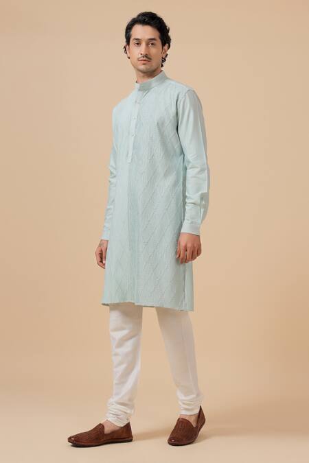 Buy_Raghavendra Rathore Blue_Sky Blue Cotton, Silk Embroidery Criss Cross Pattern Kurta Set _Online_at_Aza_Fashions
