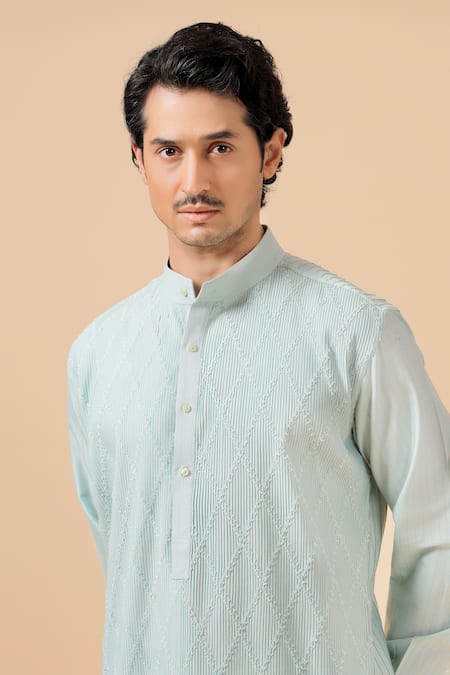 Buy_Raghavendra Rathore Blue_Sky Blue Silk Criss Cross Pattern Kurta _Online_at_Aza_Fashions