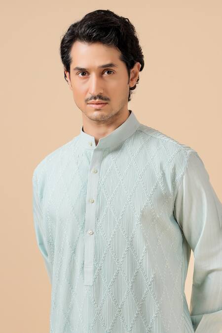Shop_Raghavendra Rathore Blue_Sky Blue Cotton, Silk Embroidery Criss Cross Pattern Kurta Set _Online_at_Aza_Fashions