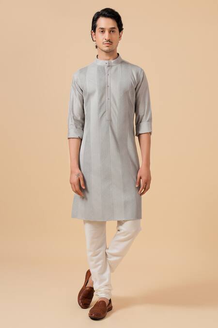 Buy_Raghavendra Rathore Blue_Grey Silk Embroidery Pintuck Detail Kurta _Online_at_Aza_Fashions
