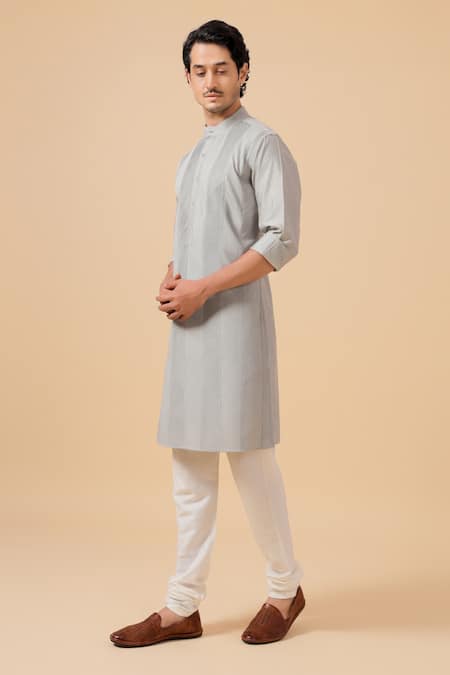 Raghavendra Rathore Blue_Grey Silk, Cotton Embroidery Pintuck Detail Kurta Set _at_Aza_Fashions
