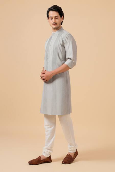 Shop_Raghavendra Rathore Blue_Grey Silk Embroidery Pintuck Detail Kurta _Online_at_Aza_Fashions
