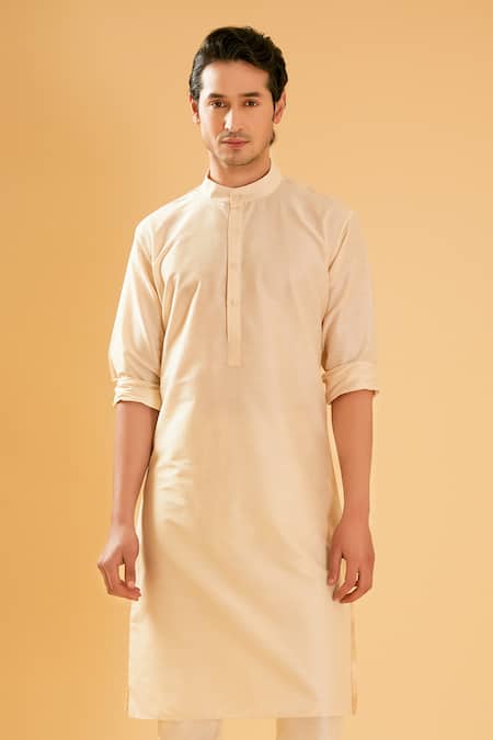Buy_Raghavendra Rathore Blue_Off White Silk Band Collar Kurta _Online_at_Aza_Fashions
