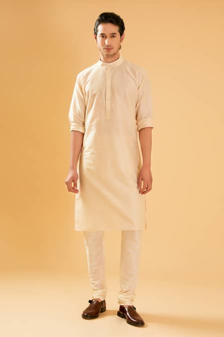 Raghavendra Rathore Blue_Off White Silk, Cotton Band Collar Kurta Set _Online_at_Aza_Fashions