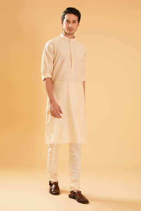 Shop_Raghavendra Rathore Blue_Off White Silk Band Collar Kurta _Online_at_Aza_Fashions