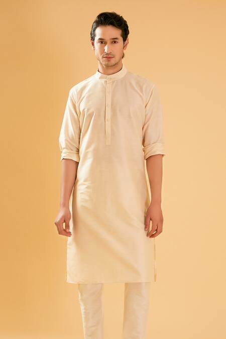 Shop_Raghavendra Rathore Blue_Off White Silk, Cotton Band Collar Kurta Set _Online_at_Aza_Fashions