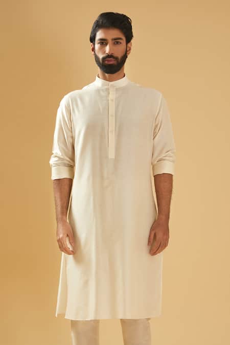 Raghavendra Rathore Blue_Off White Silk Band Collar Straight Kurta _Online_at_Aza_Fashions