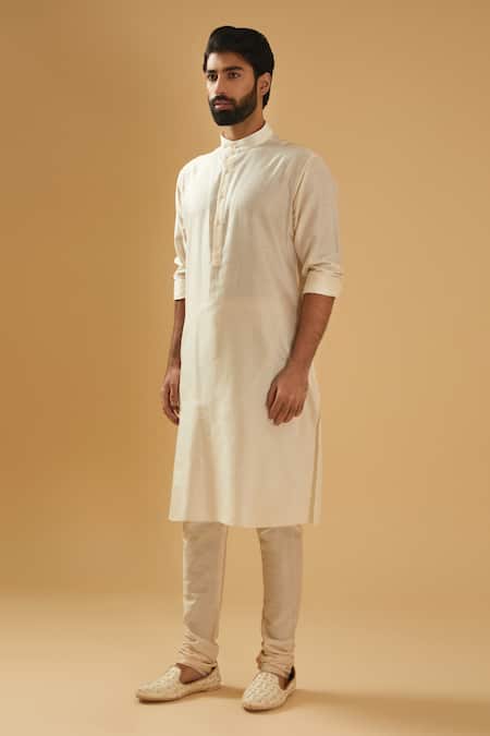 Buy_Raghavendra Rathore Blue_Off White Silk Band Collar Straight Kurta _Online_at_Aza_Fashions